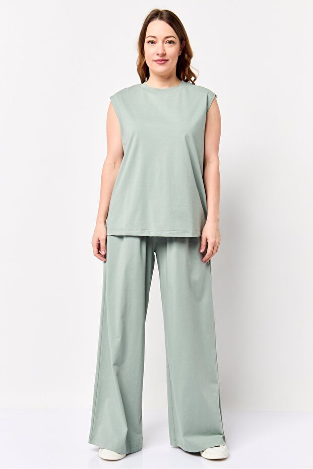 Comforts By Women 2 Pieces Sleeveless Plain Tank Top With Wide Leg Pants Set, Sage Green