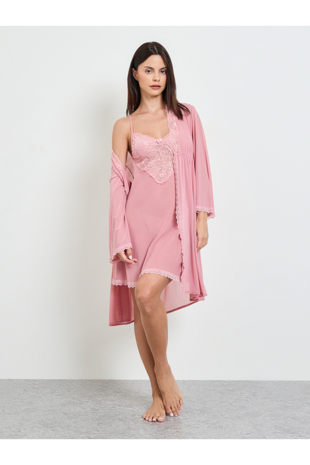 Pink Lace Trim Slip And Robe Set