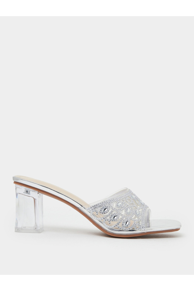 Silver Cut-Out Rhinestone Block Heel Mules