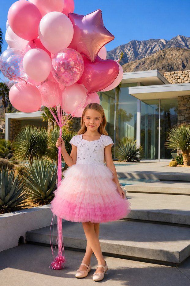 Girl's White Lace Detailed Gradient Layered Tulle Evening Dress for 4-8 Years Old Birthday, Special Occasion, Wedding