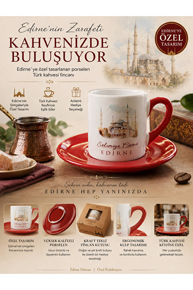 Edirne Selimiye Mosque Patterned Porcelain Turkish Coffee Cup and Coffee Cup with Red Saucer | Edirne Souvenir Gift Coffee Cup