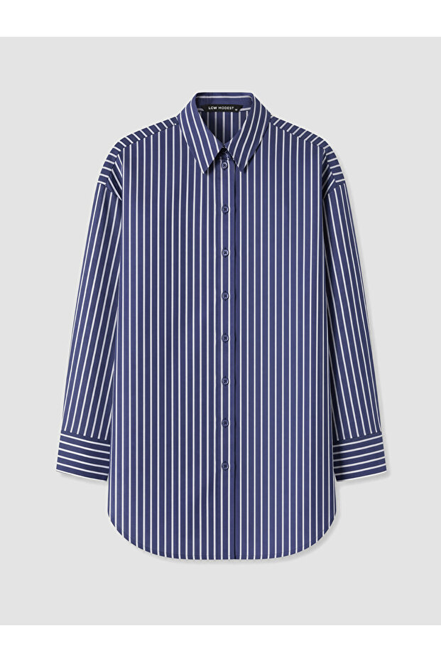 Lcw Modest Navy Blue Striped Oversize Women's Shirt Tunic