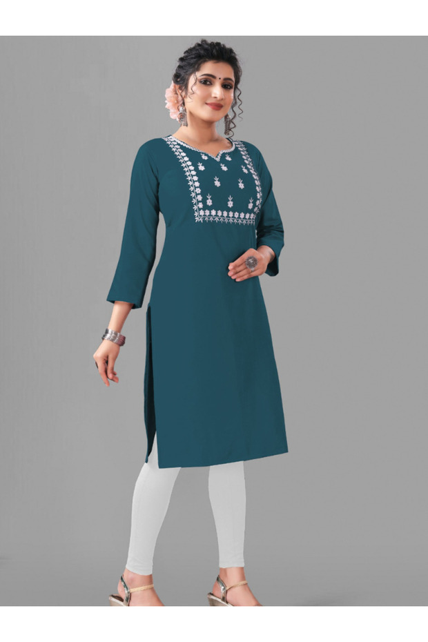Blue Cotton Embroidered Kurti - NJF8478 | Blue-Size:2XL-44-Inches