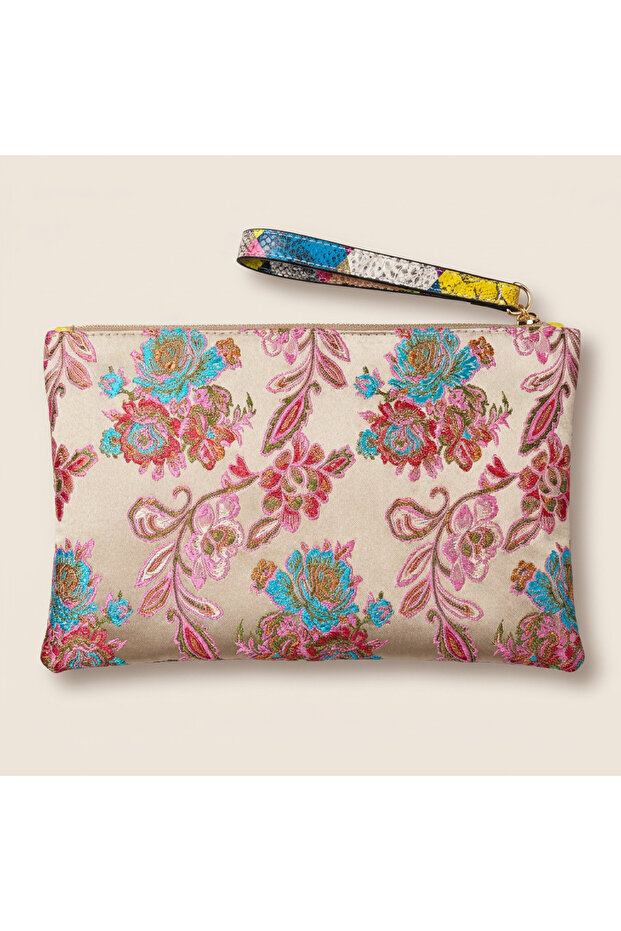 Valley Ethnic Pattern Handle Clutch Bag Dark Beige