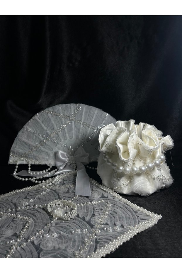 Premium Luxury Bridal Bag with Pearls, Bridal Fan and Albanian Handkerchief
