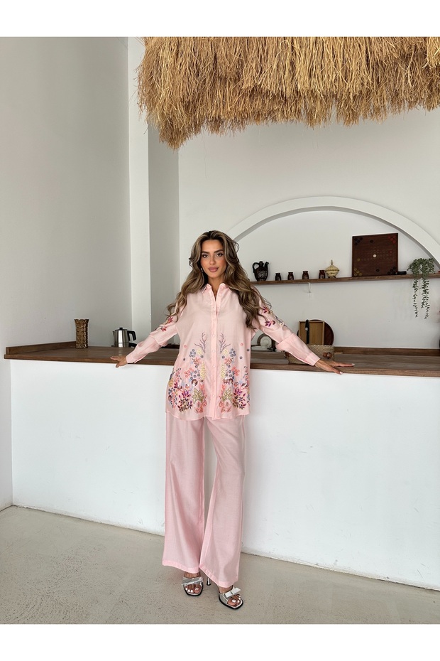 Women's Shirt with Stone Embroidery on Shoulders and Sleeves, Standard Pants Size Suit