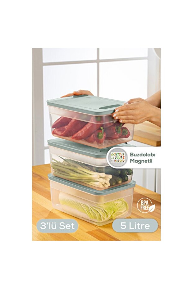 3-Piece Adjustable Fruit and Vegetable Storage Container, Mint, 5 Liters