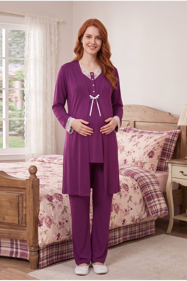 Maternity 3-Piece Pajama Set Purple Lace Detailed Long Sleeve Soft Viscose Nightgown Set with Dressing Gown