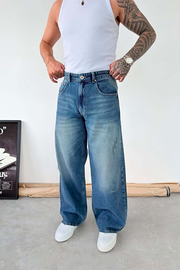 Blue Ripped Detailed Super Baggy Fit Pants