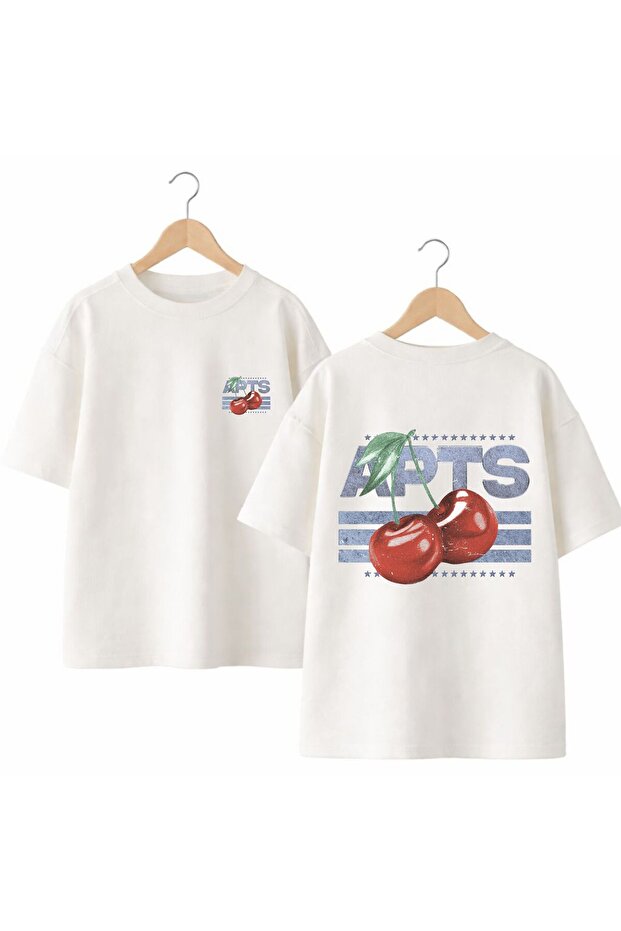 Apts Cheryy Back and Front Chest Printed 100% Cotton Oversize Loose Regular Fit Crew Neck T-Shirt