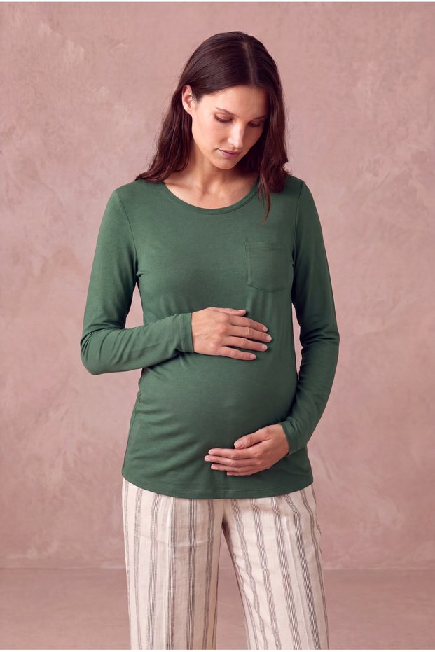 Maternity and Postpartum Dark Green Modal Crew Neck Long Sleeve Pocket Detailed T-Shirt Whitney