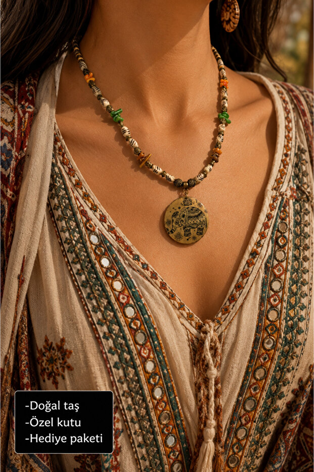 Ethnic Bohemian Design Handmade Women's Necklace with Natural Stone Elephant Figure