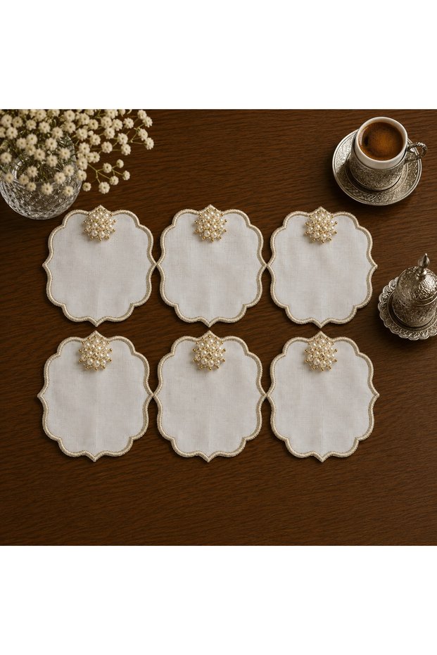 6 Pieces of Ecru Embroidered Cocktail & Coffee Presentation Napkins with Pearl Brooches