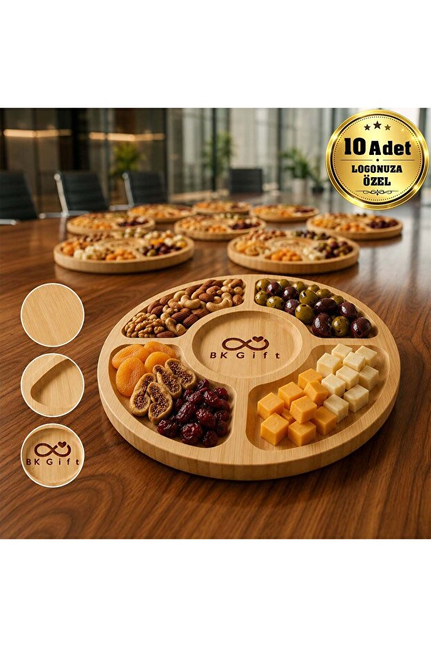 10 Pieces of Round Bamboo Presentation Trays with 5 Compartments, Personalized with Your Logo