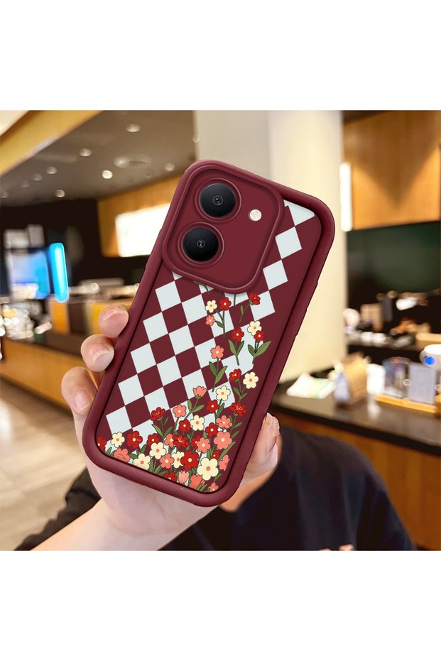 Vivo Y36 Compatible Case Camera Protector Burgundy Silicone Couple Phone Case Floral Pattern