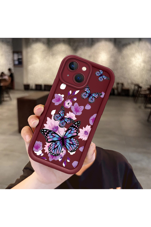 iPhone 14 Plus Compatible Case Camera Protector Burgundy Silicone Couple Phone Case Butterfly Pattern