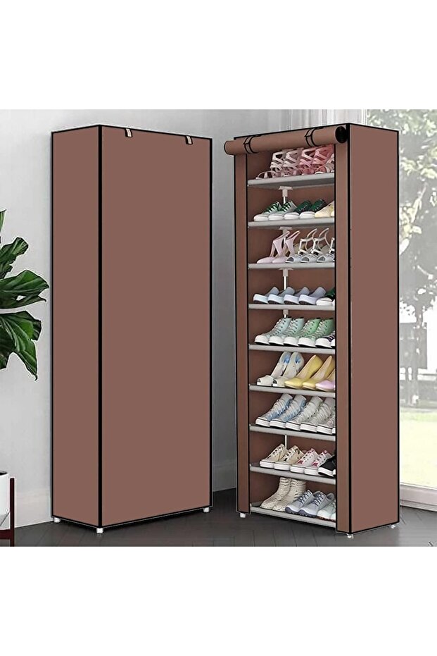 9-Tier Foldable Shoe Rack with Cover – 25-Pair Brown Shoe Organizer, 157x59x28cm Space Saving Storage Shelf for Home