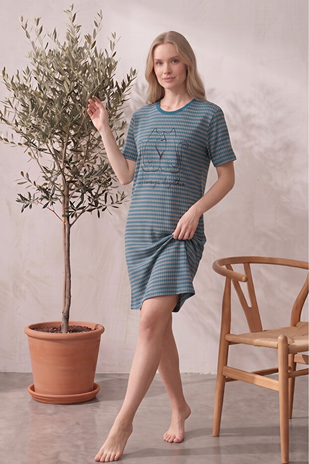 Cotton Patterned Striped Interlock Knitted Short Sleeve Nightgown Dress 95cm