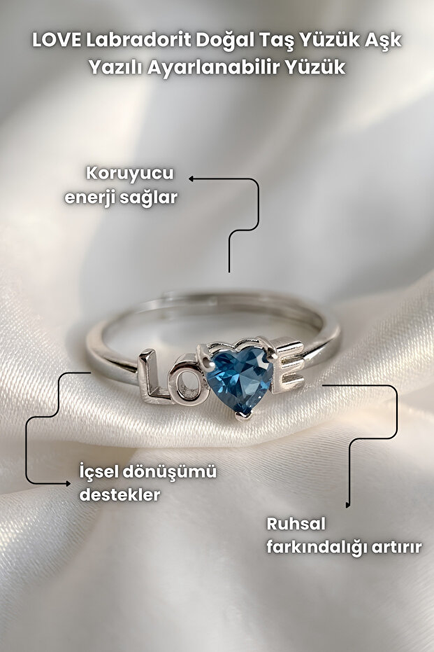 Love Labradorite Natural Stone Ring Adjustable Ring with Love Written