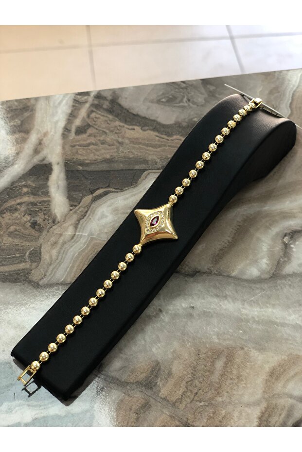 D'Oro Steel Ruby Red Stone Star Motif Row Ball Women's Bracelet