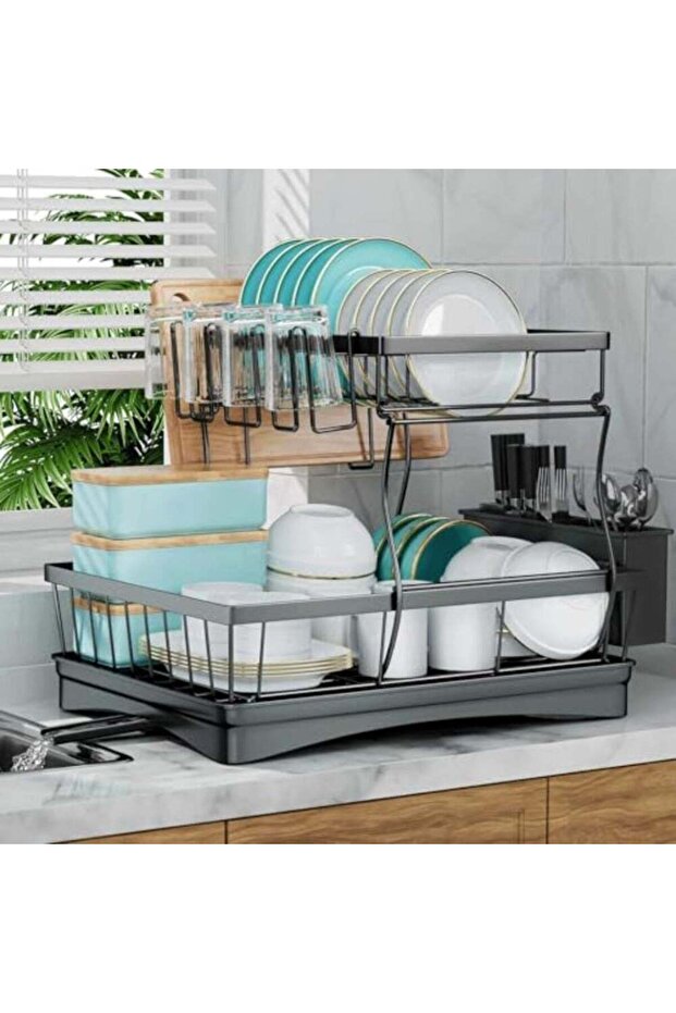 Large Dish Drying Rack for Kitchen Counter, Detachable Large Capacity Dish Drainer Organizer, 2-Tier Dish Racks with Utensil Holder, Black