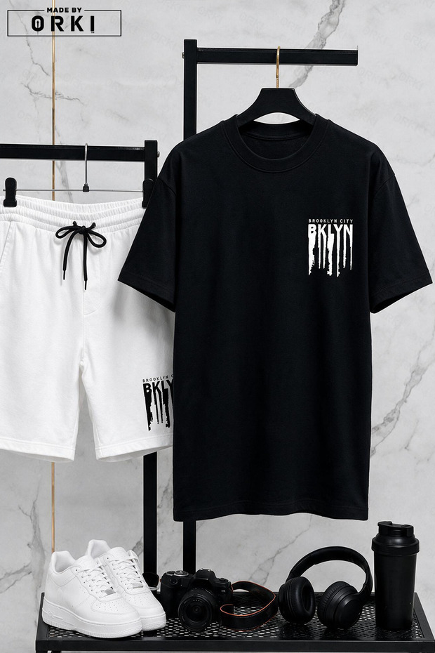 Bklyn Printed Cotton Fabric Unisex T-Shirt-White Shorts Set