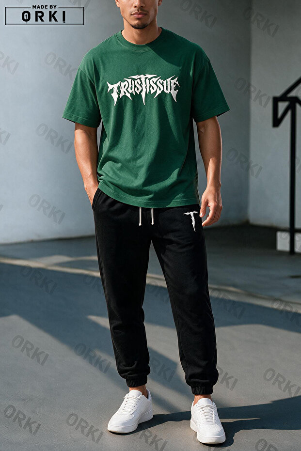 Trust Issue Printed Oversize T-Shirt & Black Pants Tracksuit Set
