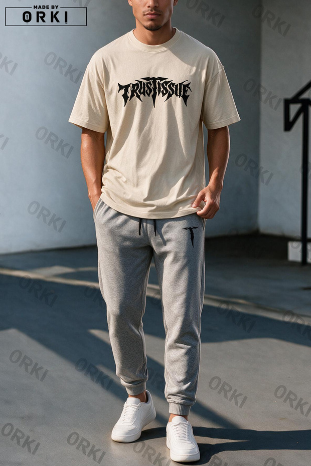 Trust Issue Printed Oversize T-Shirt & Gray Pants Tracksuit Set