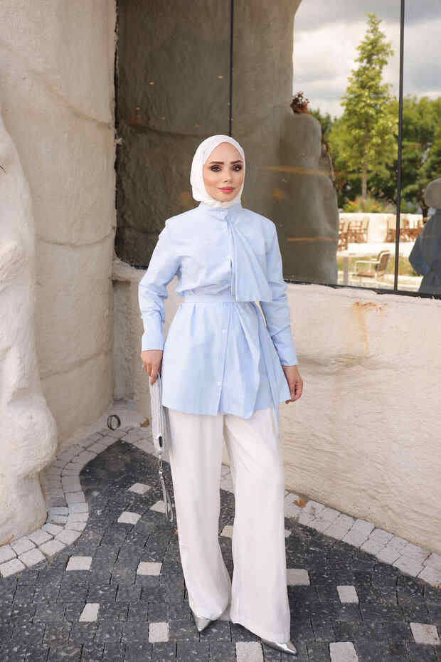 Baby Blue Front Detailed Waist Tie Shirt