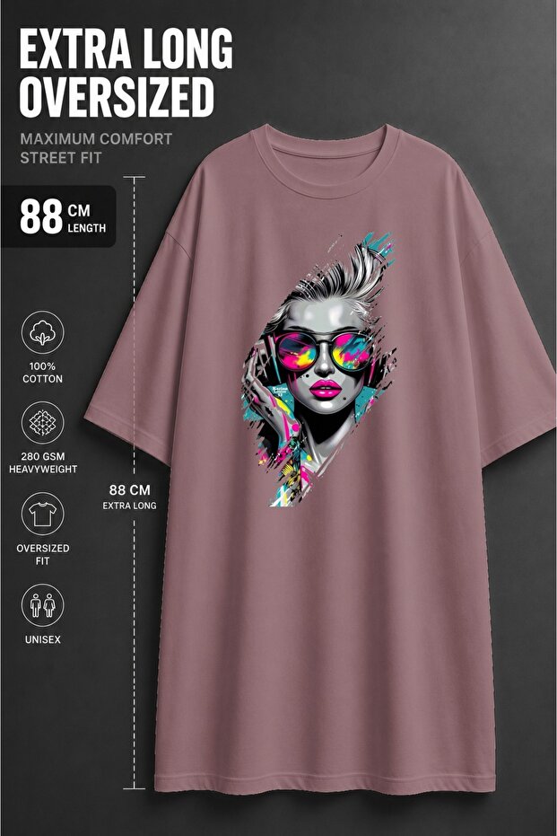 Unisex Extra Long Oversized Cool Women's Printed T-Shirt with Neon Glasses
