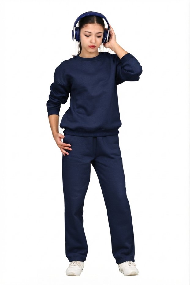 Unisex Girls-Boys Children's 3-Thread Ribbed Cotton Basic Crew Neck School Tracksuit Set