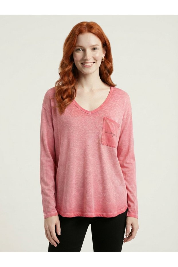Women's Long Sleeve V-Neck Loose Blouse - Pink Stripe Detail