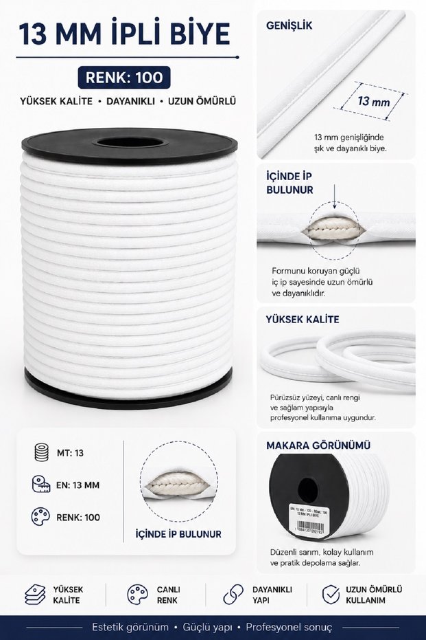 100% Cotton Verev Layered Drawstring Bias Tape 13 mm (25 Meters) - Cotton Sewing and Bias Tape