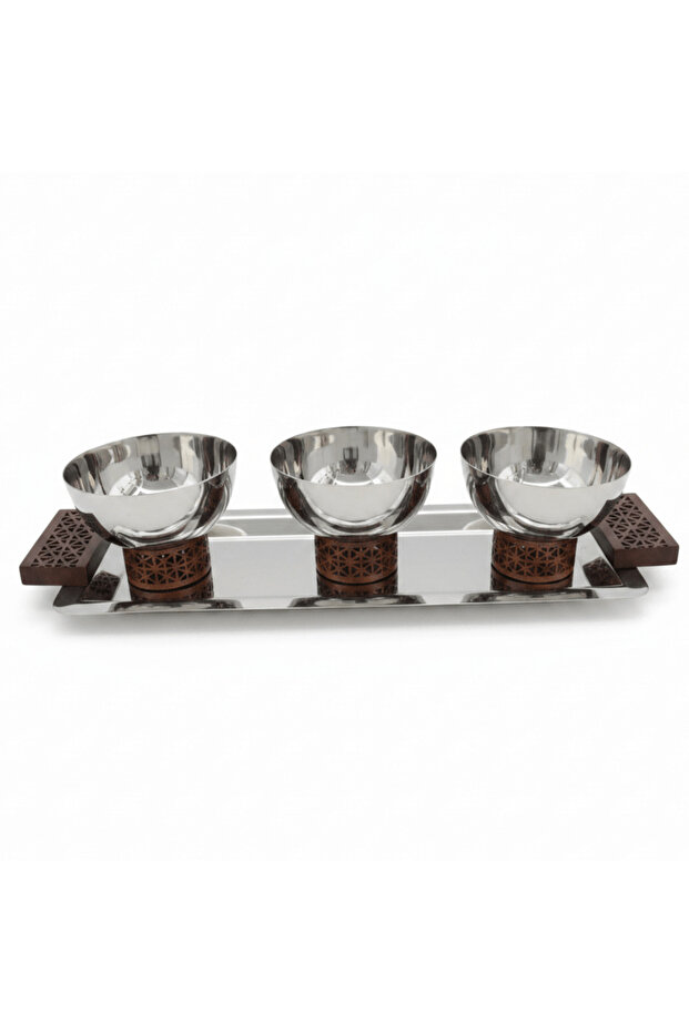 Luhpar Silver Rectangle Stainless Steel Serving Tray with 3 Wooden Footed Bowls - 33×13 cm