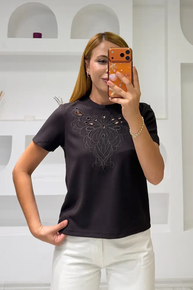 Soft Touch Modal Fabric Embroidered Laser Cut T-Shirt