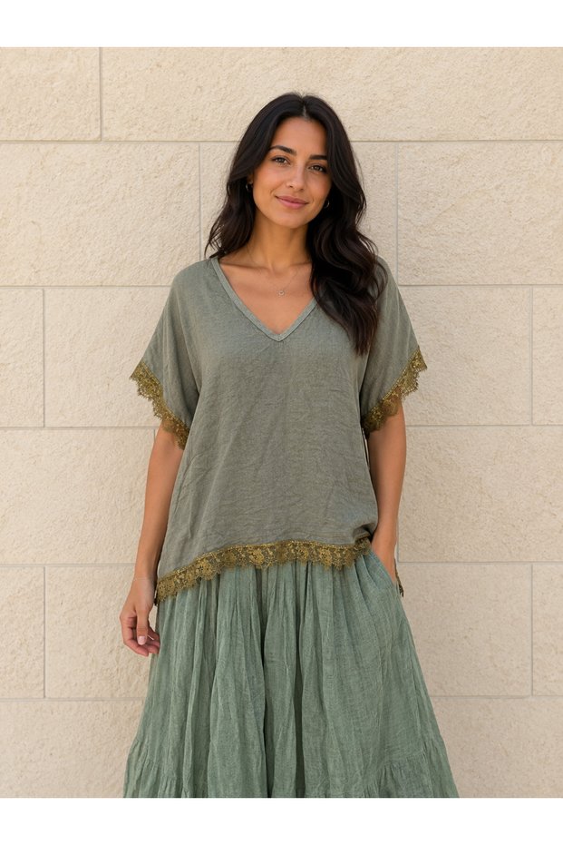 Women's Original Italian V-Neck Linen Fabric Short Sleeve Blouse