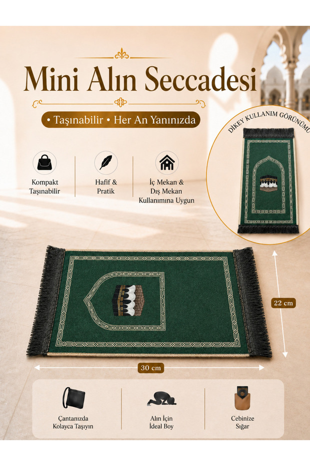 Mini Forehead Prayer Mat with Non-Slip Base and Patterned Pocket Type Travel Prayer Mat - Emerald Green