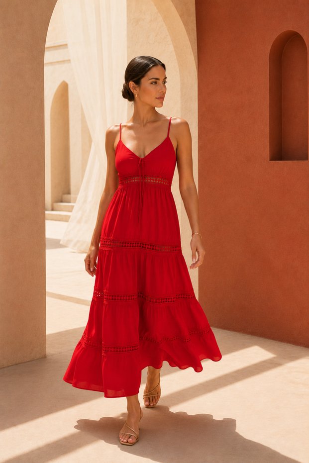 Layered Maxi Dress with Tie Detail and Lace Trim – Red