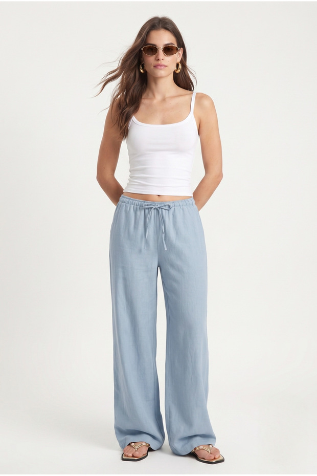 Women's New George Linen Blend Loose Fit Woven Blue Trousers
