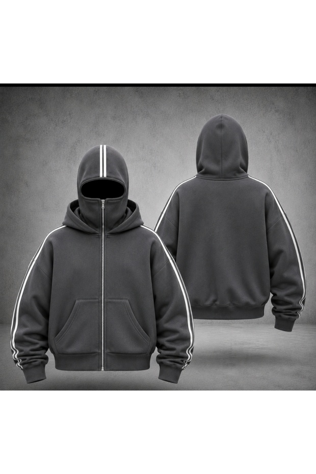 Unisex Black Y2K Gothic Striped Balaclava Masked Full Zip Thick Hooded Sweatshirt