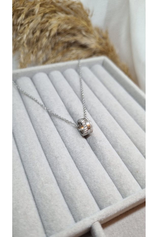 Silver Color Steel Cylinder Ring Detailed Women's Necklace - Tarnish Resistant Steel Jewelry