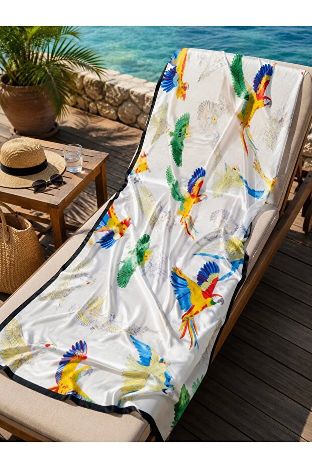 Ecru Bird Patterned Satin Shawl