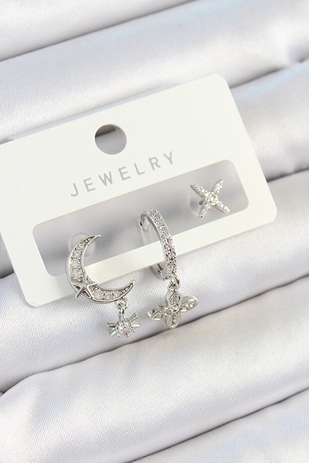 Brass Zircon Stone Flower and Moon Model Silver Color 3-Piece Double Women's Earring Set