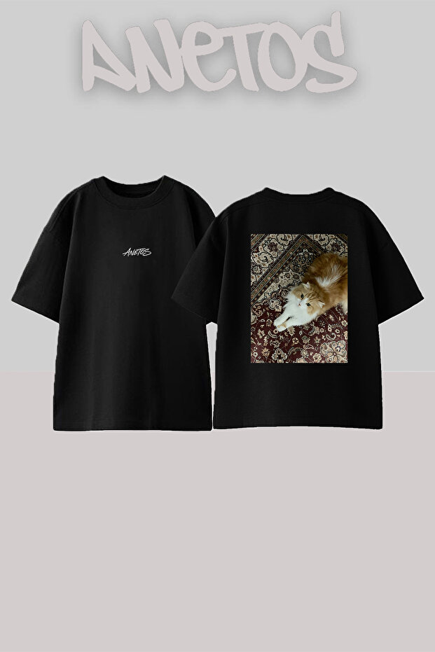 Persian Cat Design Back Printed Cotton Black Oversize T-Shirt