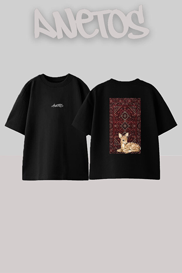 Fawn Persian Rug_4 Design Back Printed Cotton Black Oversize T-Shirt