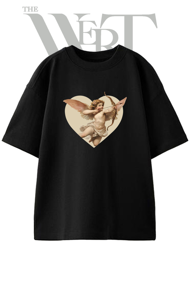 Cupid Design Printed Unisex Black Oversize T-Shirt