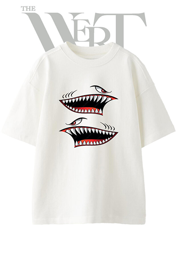 Shark Mouth_2 Design Printed Unisex White Oversize T-Shirt
