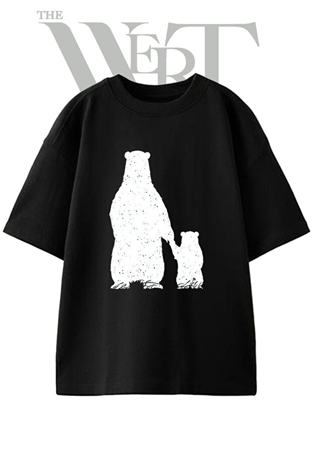 Bear Cub Design Printed Unisex Black Oversize T-Shirt