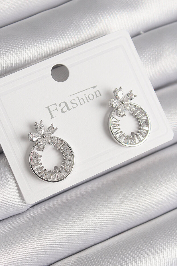 Brass Silver Color Zircon Stone Hoop Model Flower Figure Women's Earrings