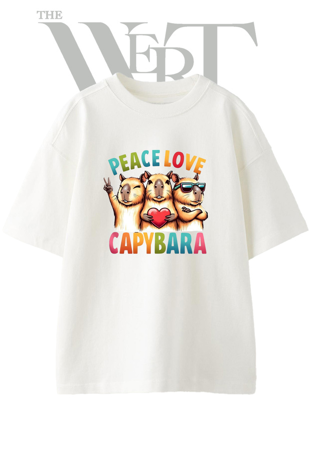Peace Love Capybara Design Printed Unisex White Oversize T-Shirt
